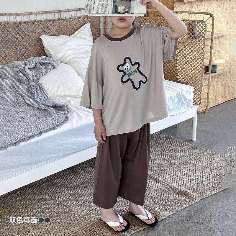 品牌男童夏季家居服2025新款儿童空调服夏装男孩棉绸睡衣夏款