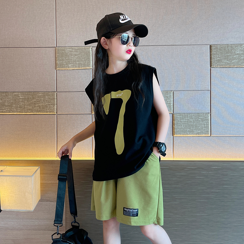 品牌女童速干运动套装2025新款大童夏季洋气网红背心儿童夏装休闲