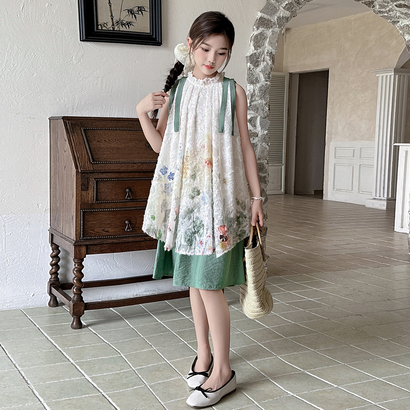 品牌女童花朵连衣裙夏装2025新款女大童夏天雪纺背心儿童夏季长款