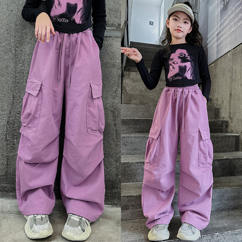 品牌女童紫色工装裤夏季2025新款儿童潮酷穿搭套装女大童又a又飒
