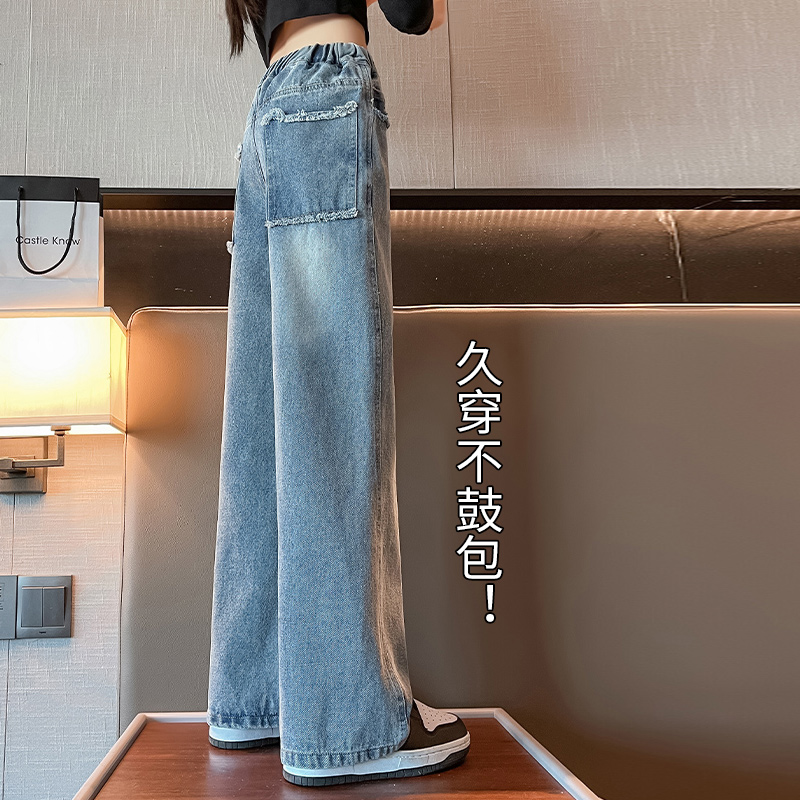 品牌女童裤子夏薄款2025新款儿童牛仔裤初中生青少年女大童秋装阔