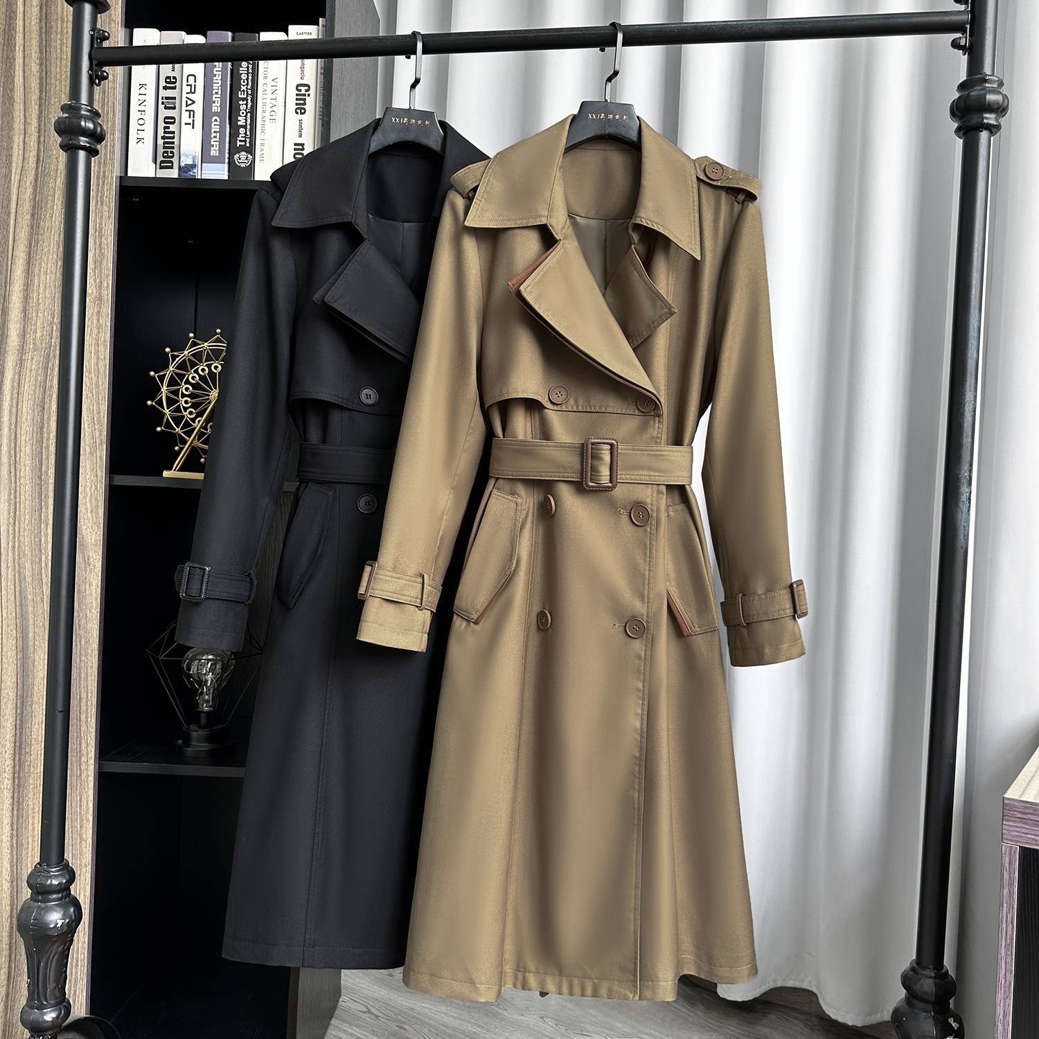 2025秋季新款纯色系腰带中长款风衣外套女过膝双排扣气质高端显瘦