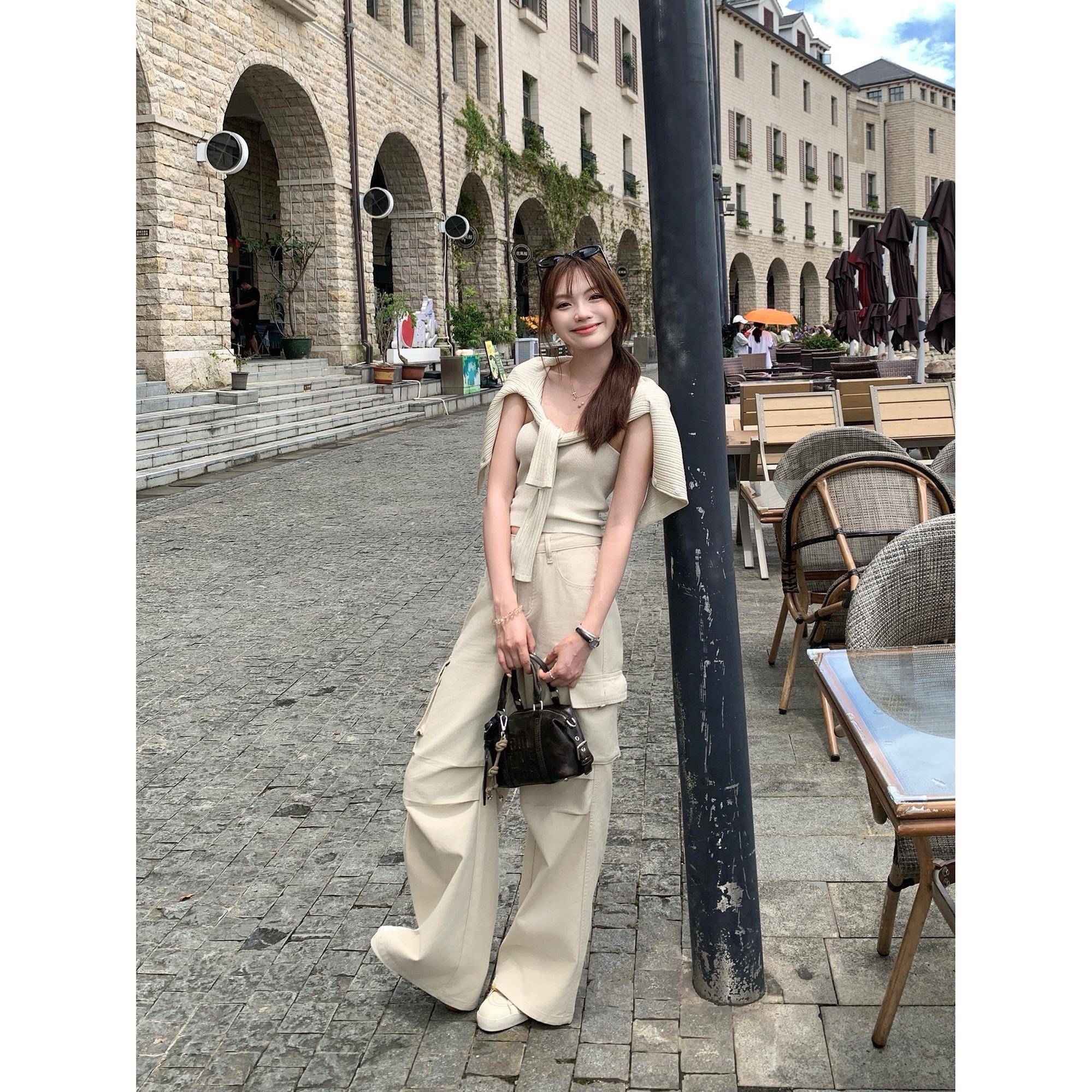 切糕自制小个子秋季新款裤子女杏色牛仔裤复古长裤卡其色工装裤