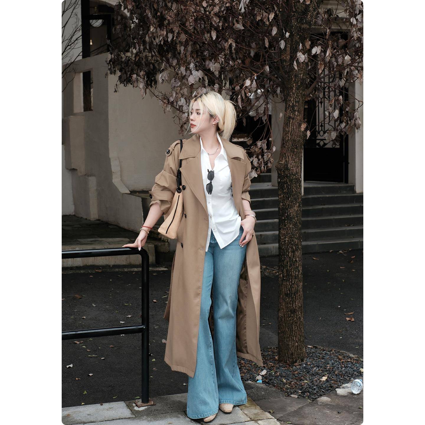 糯米子[千颂伊风衣]外套女春秋季中长款显瘦气质宽松翻领大衣早秋