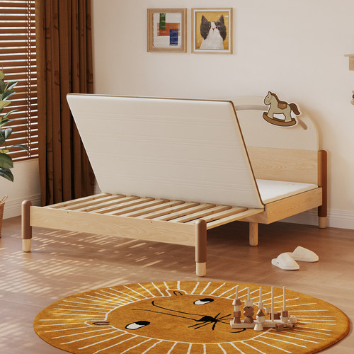 实木儿童抽拉床带护栏卡通靠背