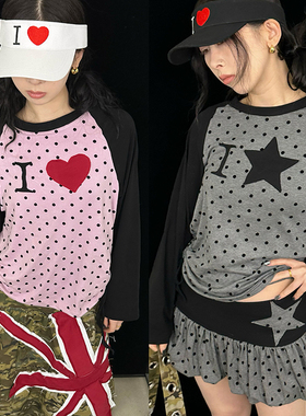 Ttsunami25SS 原创设计I love系列波点撞色拼接插肩袖长袖双色T