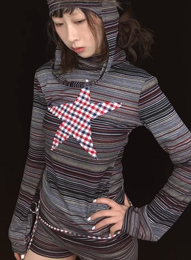 Ttsunami2024秋冬原创格子五角星长袖百搭针织条纹亲肤柔软打底衫