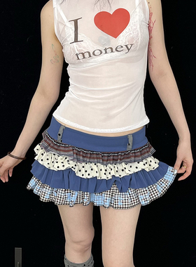 Ttsunami25SS 原创设计蓝色百搭拼接波点百褶裙蛋糕裙裙子