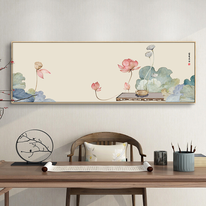 新中式荷花装饰画客厅沙发背景墙挂画禅意茶室好寓意卧室床头壁画图片