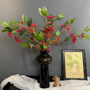 山果枝仿真花冬青红果客厅餐桌家居装饰摆件花艺摄影道具红果