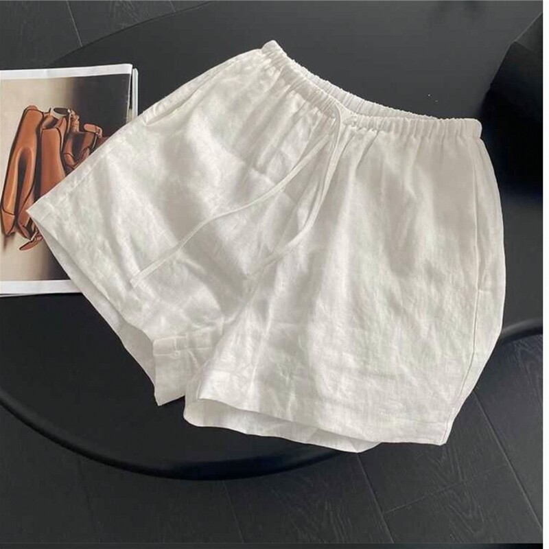 夏季薄款棉麻直筒亚麻休闲短裤白色宽松简约高腰松紧抽绳百搭显瘦
