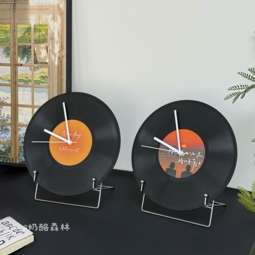 复古落日黑胶唱片座钟创意时钟客厅办公室书桌摆件酒柜电视墙装饰