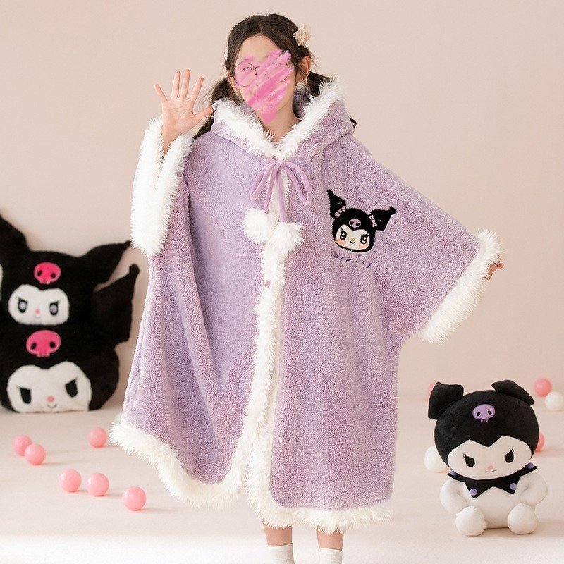 卡通库洛米珊瑚绒睡袍秋冬款加厚儿童酷乐米睡衣家居服斗篷女孩子