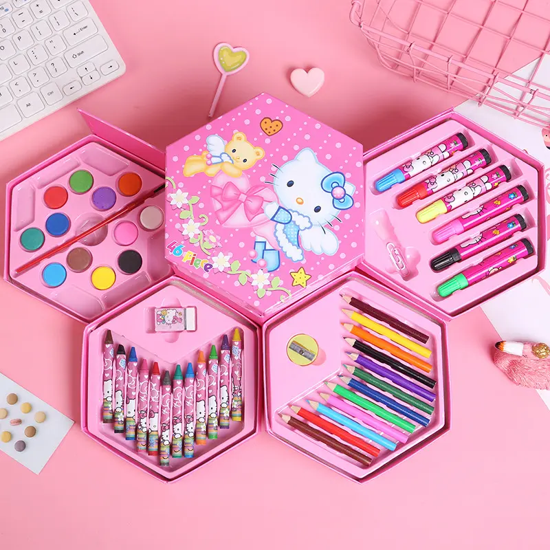 HelloKitty水彩笔46色旋转奖品凯蒂猫画画笔生日礼物学习文具套装