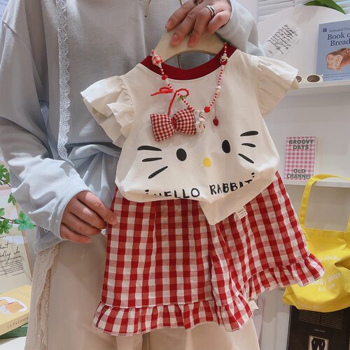 哈喽kt儿童飞袖蝴蝶结短袖短裤