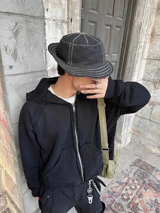 REDRINSE「ALPHA」黑色破坏双面拉链boxy短款 连帽卫衣短宽帽衫