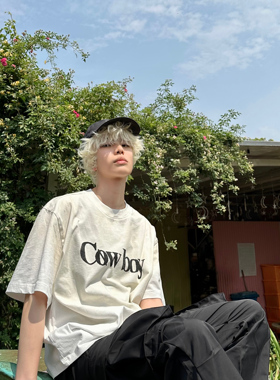 REDRINSE「cowboy」字母白色短袖boxy短宽小领口T恤做旧复古情侣