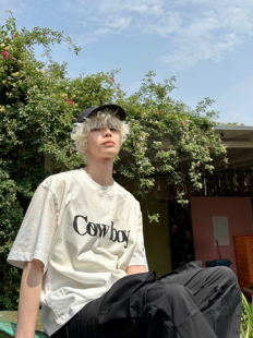 REDRINSE「cowboy」字母白色短袖 boxy短宽小领口T恤做旧复古情侣