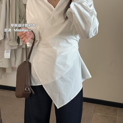 韩系不规则绑带收腰白色衬衫女春季新款小众设计感显瘦别致上衣
