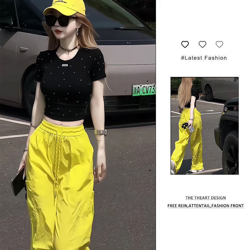 RIERA今年流行搭配一整套女韩版休闲时尚短袖上衣阔腿休闲裤两件