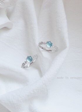 蓝色星球琉璃戒指开口可调节纯银