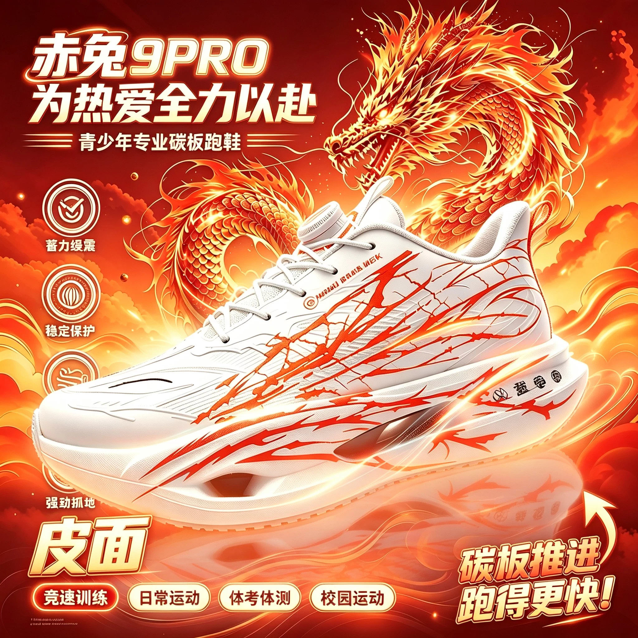 男鞋秋冬款皮面赤兔9pro跑步鞋加绒二棉初中青少年碳板大童运动鞋