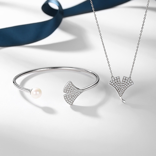 SHEYOO银杏叶满钻项链女纯银轻奢小众高级设计感百搭手镯生日礼物