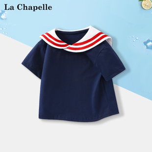 小女孩海军领上衣夏季 纯棉儿童半袖 拉夏贝尔女童短袖 t恤宝宝夏装