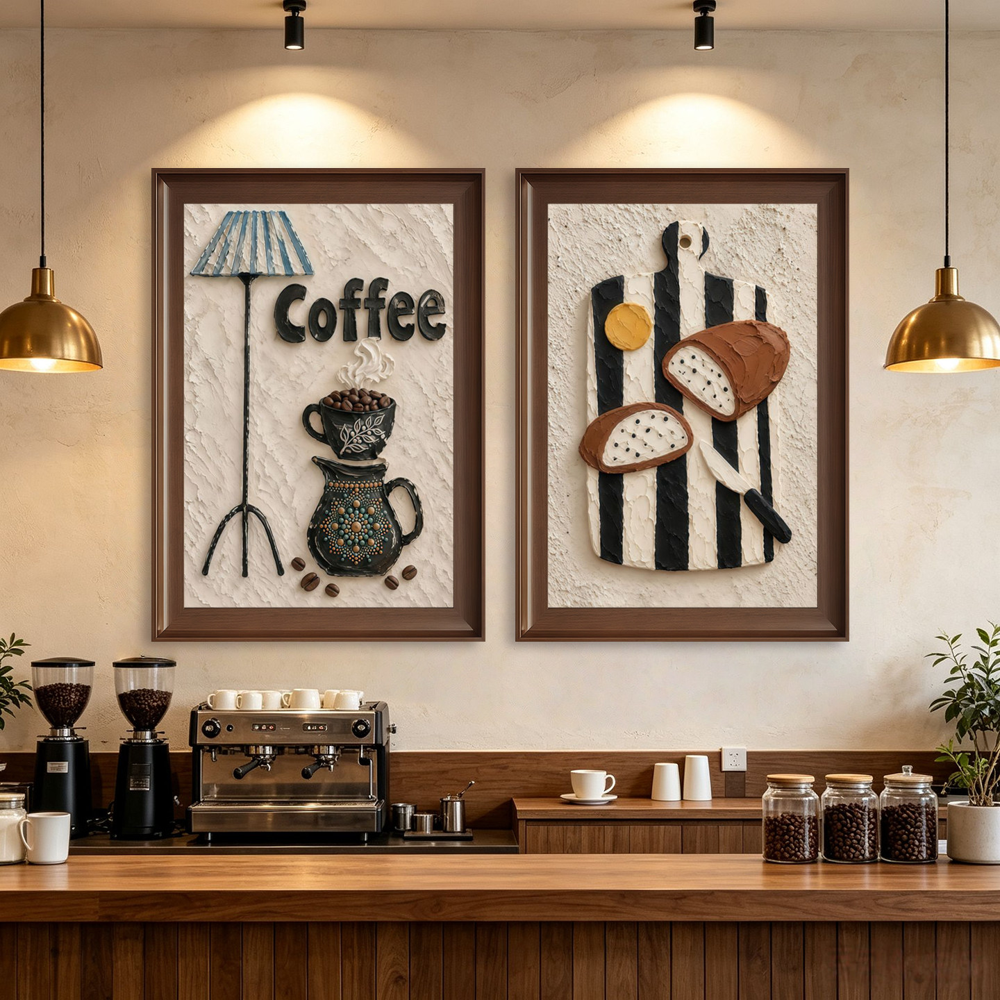 复古咖啡面包双联装饰画肌理浮雕挂画咖啡店烘焙店餐厅墙面装饰