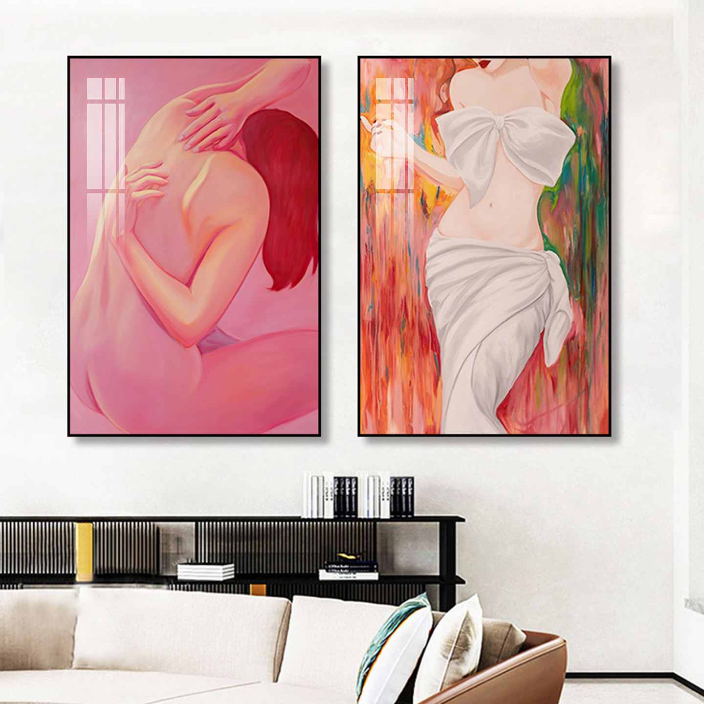 奶油风粉色抽象人体艺术装饰画小众高级感客厅挂画治愈系人物壁画