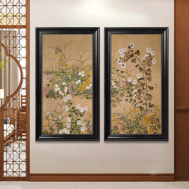 尾形光琳画作挂画中古风花卉植物墙画茶室客厅秋草图竖版装饰画