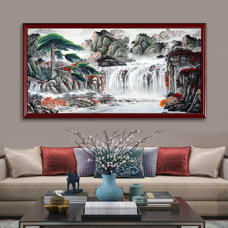 瀑布流水生财装饰画客厅中堂山水画风水招财老板办公室背景墙挂画