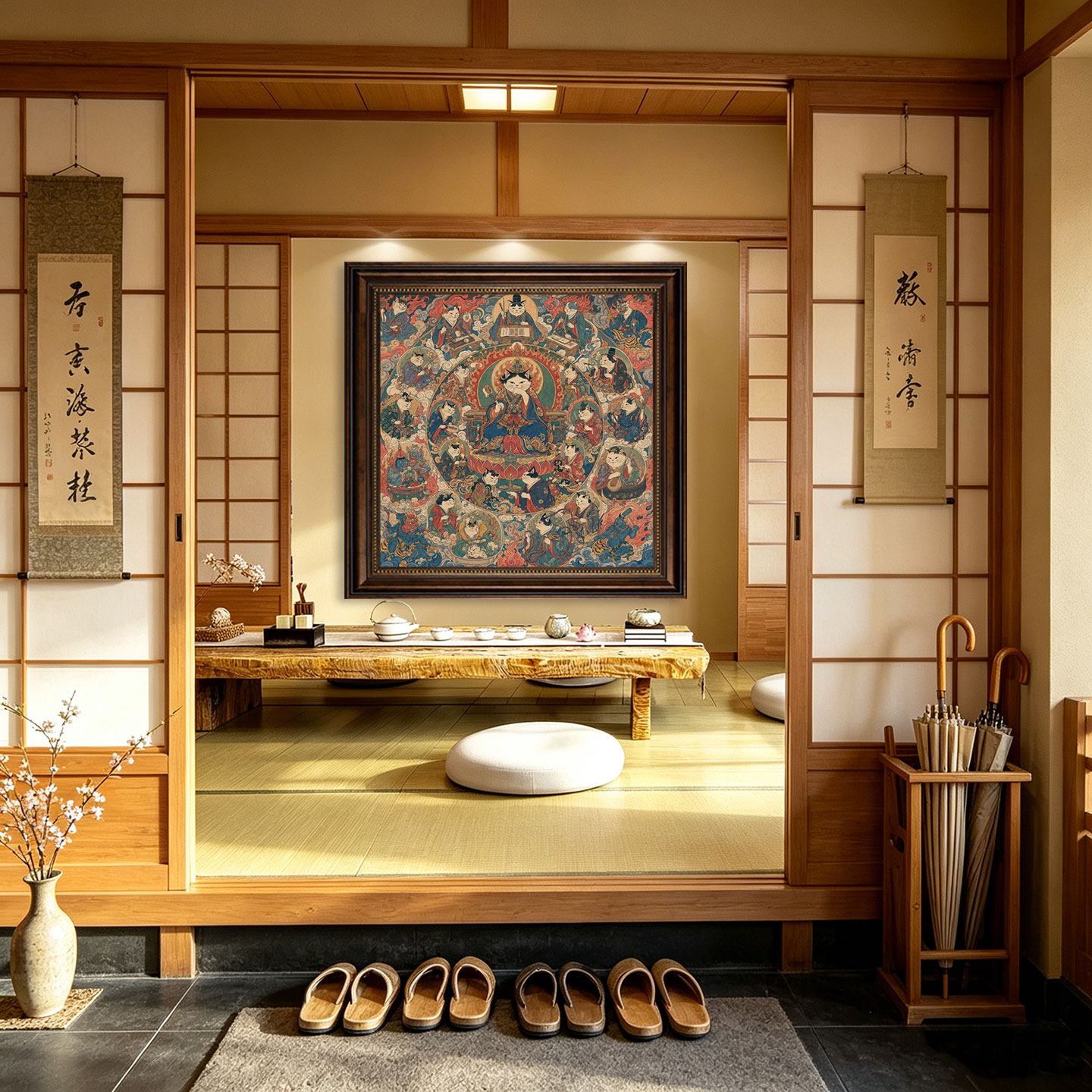 猫咪唐卡装饰画国潮神兽喵神佛画新中式方形复古客厅餐厅玄关挂画