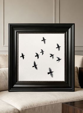 中古风复古风水墨飞鸟装饰画挂画简约黑白群鸟玄关客厅墙壁装饰
