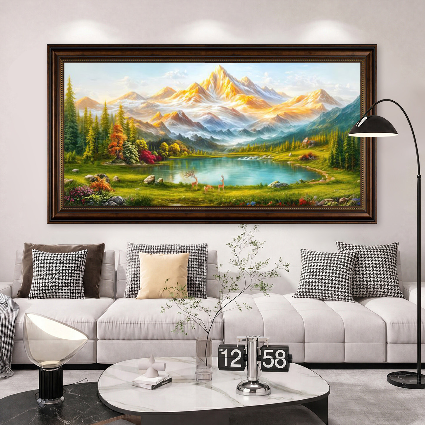 欧式复古湖畔麋鹿金山油画客厅沙发背景墙横版山水风景装饰画
