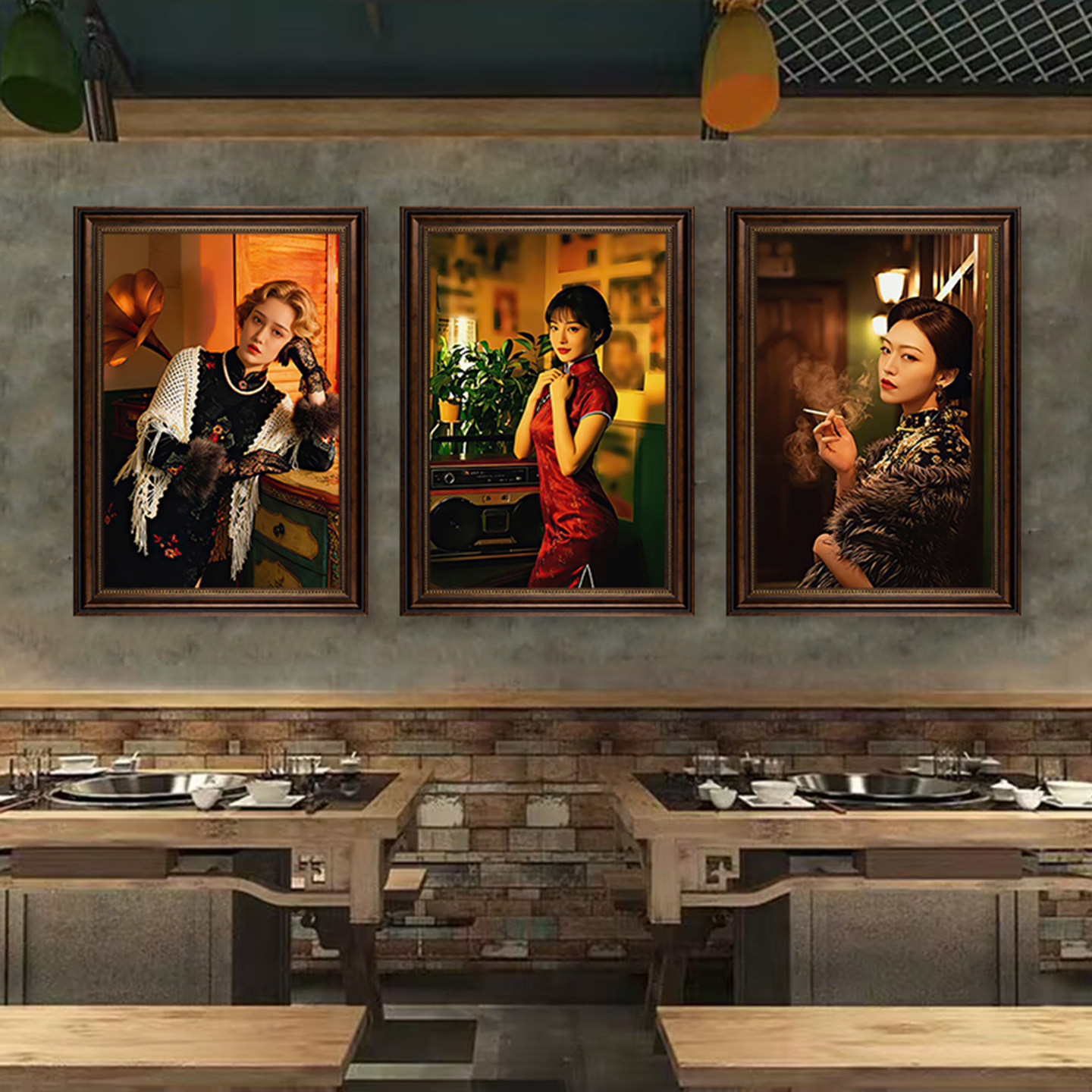 民国风旗袍美女装饰画港风餐厅酒吧清吧挂画网红打卡火锅店墙壁画