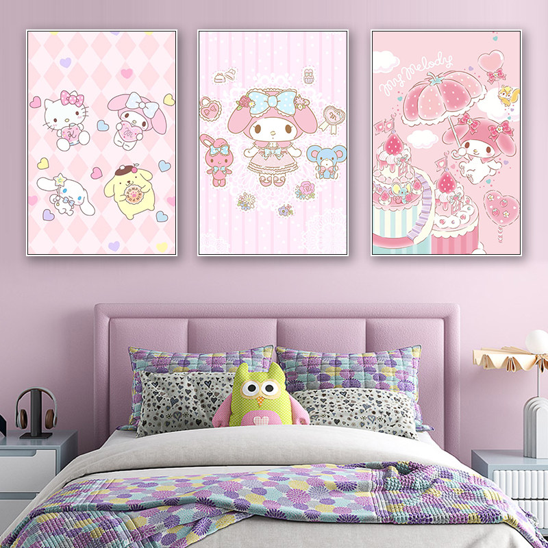 儿童房背景墙面装饰画女孩粉色公主房间壁画美乐蒂卧室画床头挂画
