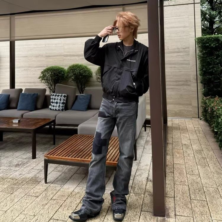 OC出品ERD忧郁的富二代贴布破坏做旧党裤刺绣水洗微喇黑牛仔裤