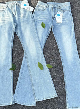 美式高街517cleanfit风重磅水洗猫须冰蓝微喇弹力修身牛仔裤男潮