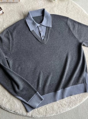 秋新款假两件miu系羊毛混纺polo领毛衣针织衫学院风cleanfit老钱