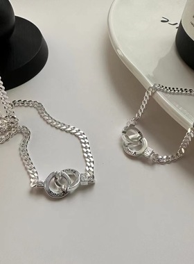 嘉兴银家s925纯银古巴双环手链项链小众设计时尚重工坦克锁骨链