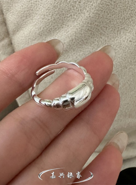 嘉兴银家s925纯银韩版小众高级复古牛角包戒指简约ins风质感指环