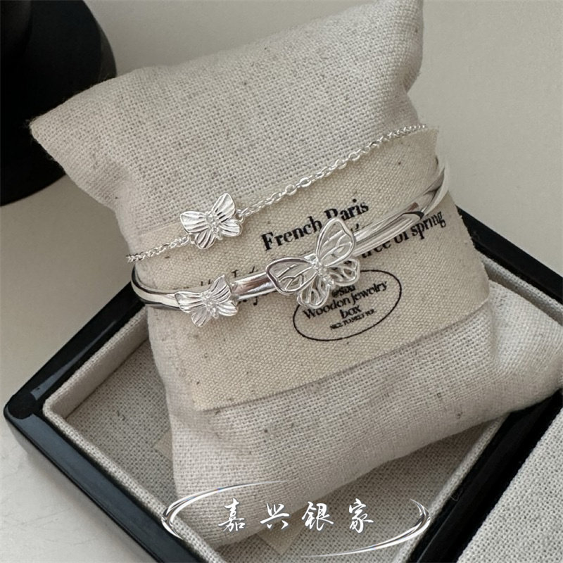 嘉兴银家s925纯银韩版小众高级双层蝴蝶手环简约时尚ins质感手镯