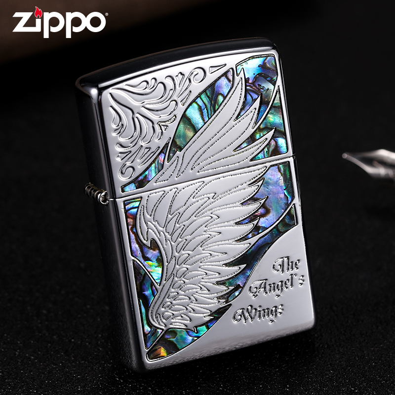 zippo美国正品打火机 天使之翼彩贝镶嵌官方限量版煤油送男友礼物