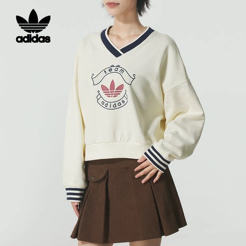 阿迪达斯三叶草女士2026新款运动毛圈保暖套头衫V领卫衣KC5845