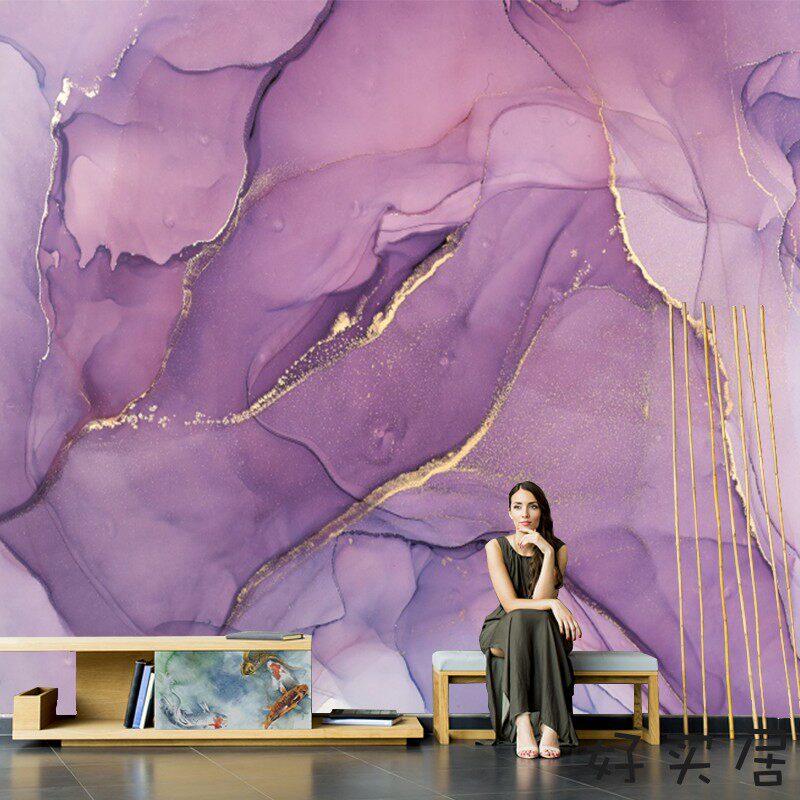 北欧手绘抽象艺术紫色涂鸦壁纸客厅电视背景墙纸沙发卧室轻奢墙布