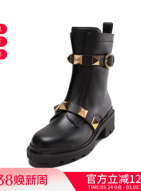 VALENTINO 女士超大铆钉粗跟靴子军旅风短靴 1W2S0CJ3 NKD