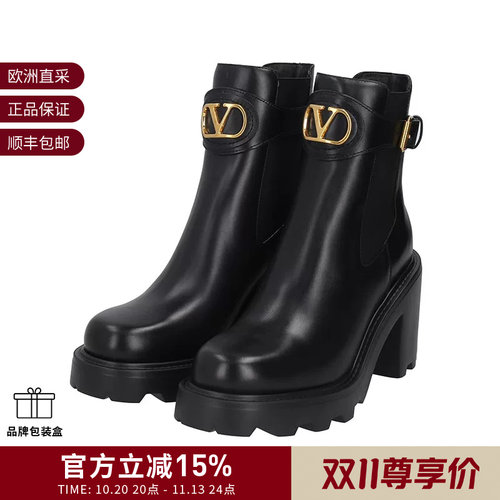 VALENTINO华伦天奴女士粗高跟靴子短靴皮靴跟高9cm 2S0KY9 BEK