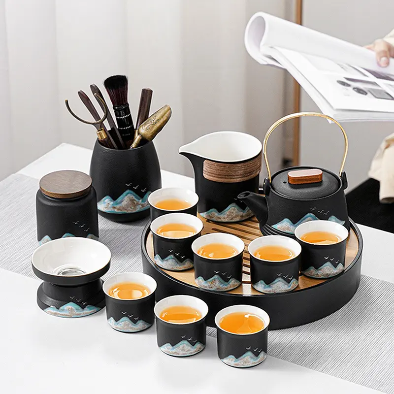 新中式粗陶青山飞鸟茶具配圆形蓄水茶盘商务礼品可家用一件代发