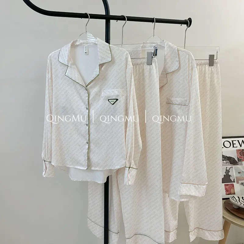 人字纹长袖情侣睡衣套装缎面薄款冰丝家居服女简约翻领睡衣男春秋
